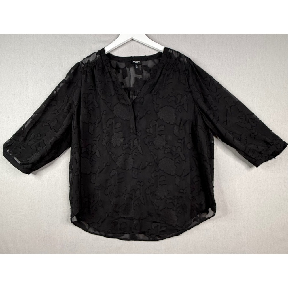 Torrid Harper Top Womens 2 2X Black Burnout Floral V-Neck 3/4 Sleeve Sheer